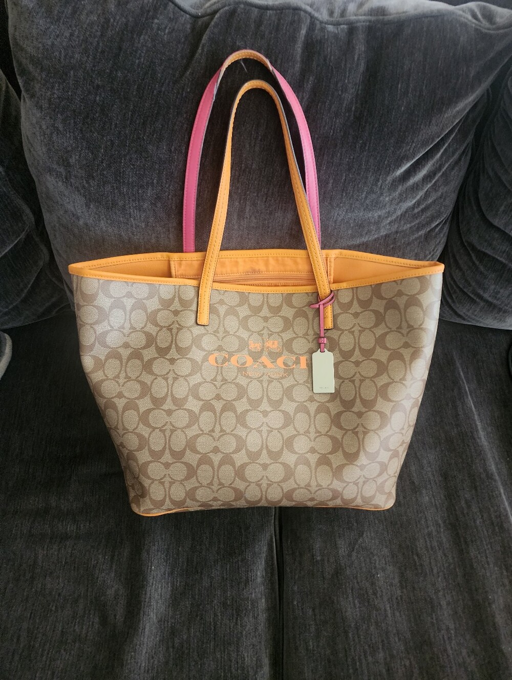 COACH Tan Signature Canvas Tote with Orange Trim and Pink Handles - Picture 2 of 11